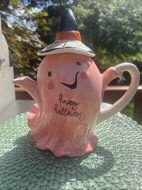NWT Blue Sky Pink Ghost Teapot with Witch Hat Lid